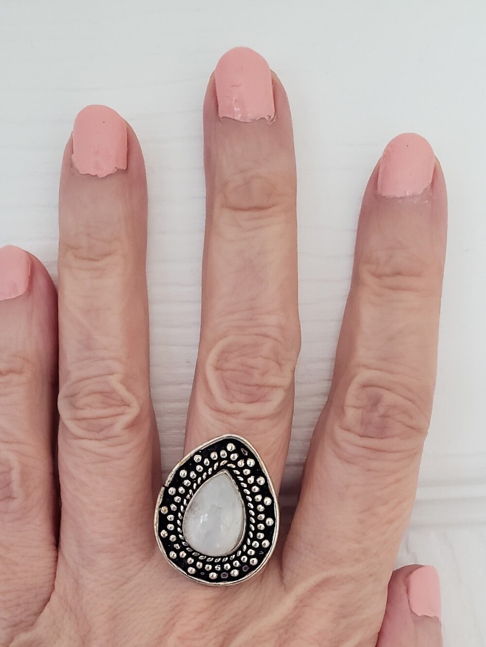 NWOT, Moonstone & Silver Handmade Ring Sz 8, Very Artistic Silver Work, Teardrop